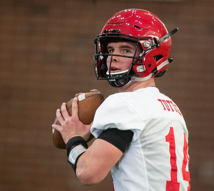 (Rick Egan  |  The Salt Lake Tribune)    Utah freshman quarterback Jack Tuttle works out on the first day of Spring practice, Monday, March 5, 2018.


