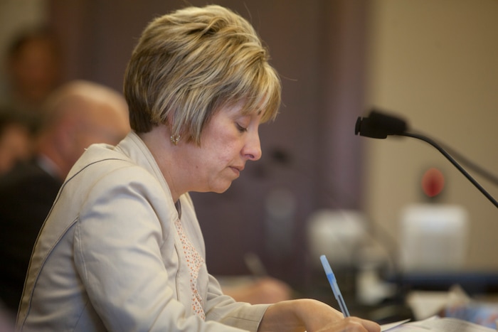 (Chris Caldwell  |  Pool Photo)  Deputy County Attorney Angela Adams during the detention hearing and the initial appearance for the 16-year-old boy accused of bringing a bomb to Pine View High School. Wednesday, March 28, 2018.