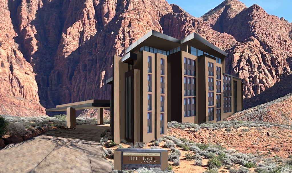 (kayentahomes.com) "Placed high on the hill at the mouth of Hell Hole Canyon – it is sure to block views- so make your reservation early!" a caption reads for Hell Hole Canyon.