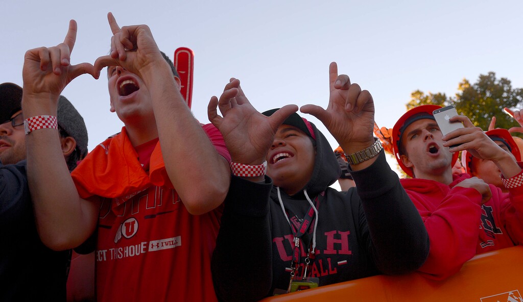 Leah Hogsten | The Salt Lake Tribune
Hundreds of fans cheered for their teams Saturday, October 10, 2015, at The University of Utah's President's Circle, during the filming of ESPN's "College GameDay," a sports television show that previews and predicts winners of the nation's college football games and picked No. 5 Utah to beat No. 23 Cal.
