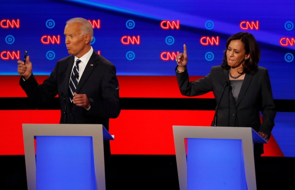 FILE - In this July 31, 2019 photo, Sen. Kamala Harris, D-Calif., and former Vice President Joe Biden participate in the second of two Democratic presidential primary debates hosted by CNN in the Fox Theatre in Detroit. (AP Photo/Paul Sancya)