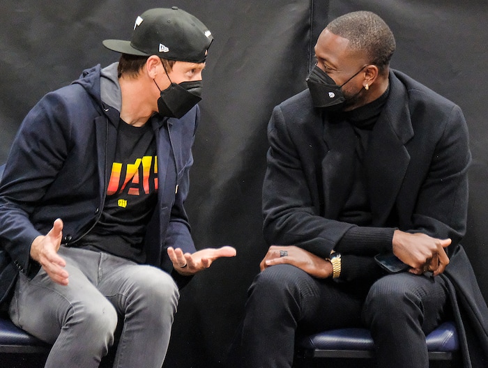 (Leah Hogsten | The Salt Lake Tribune) Utah Jazz majority owner and Qualtrics founder Ryan Smith and former Miami Heat guard and new Jazz minority owner Dwyane Wade talk as the Utah Jazz host the Indiana Pacers, Friday, April 16, 2021, at Vivint Arena.