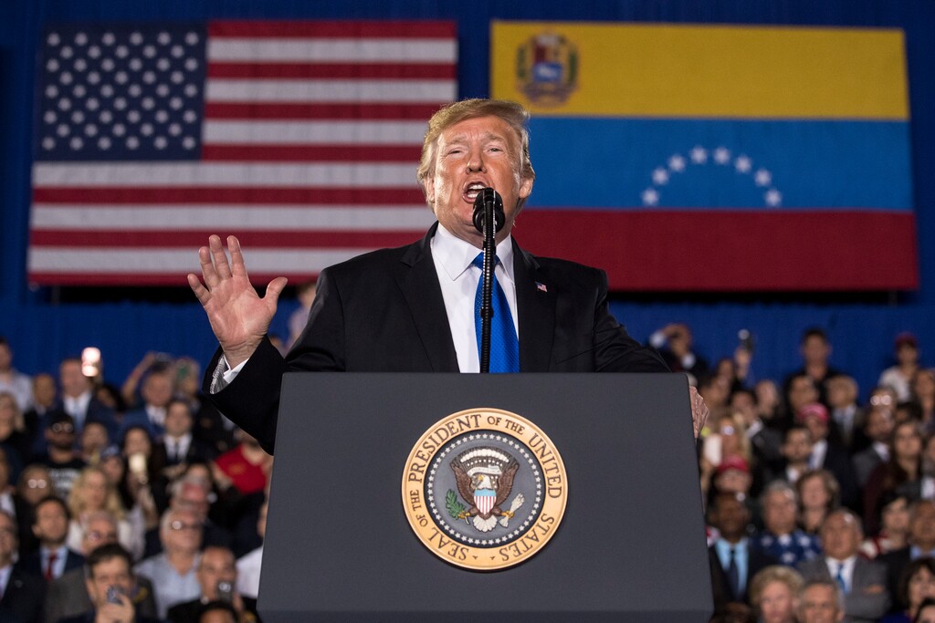 (Andrew Harnik | The Associated Press) President Donald Trump speaks to a Venezuelan American community at Florida Ocean Bank Convocation Center at Florida International University in Miami, Fla., Monday, Feb. 18, 2019.