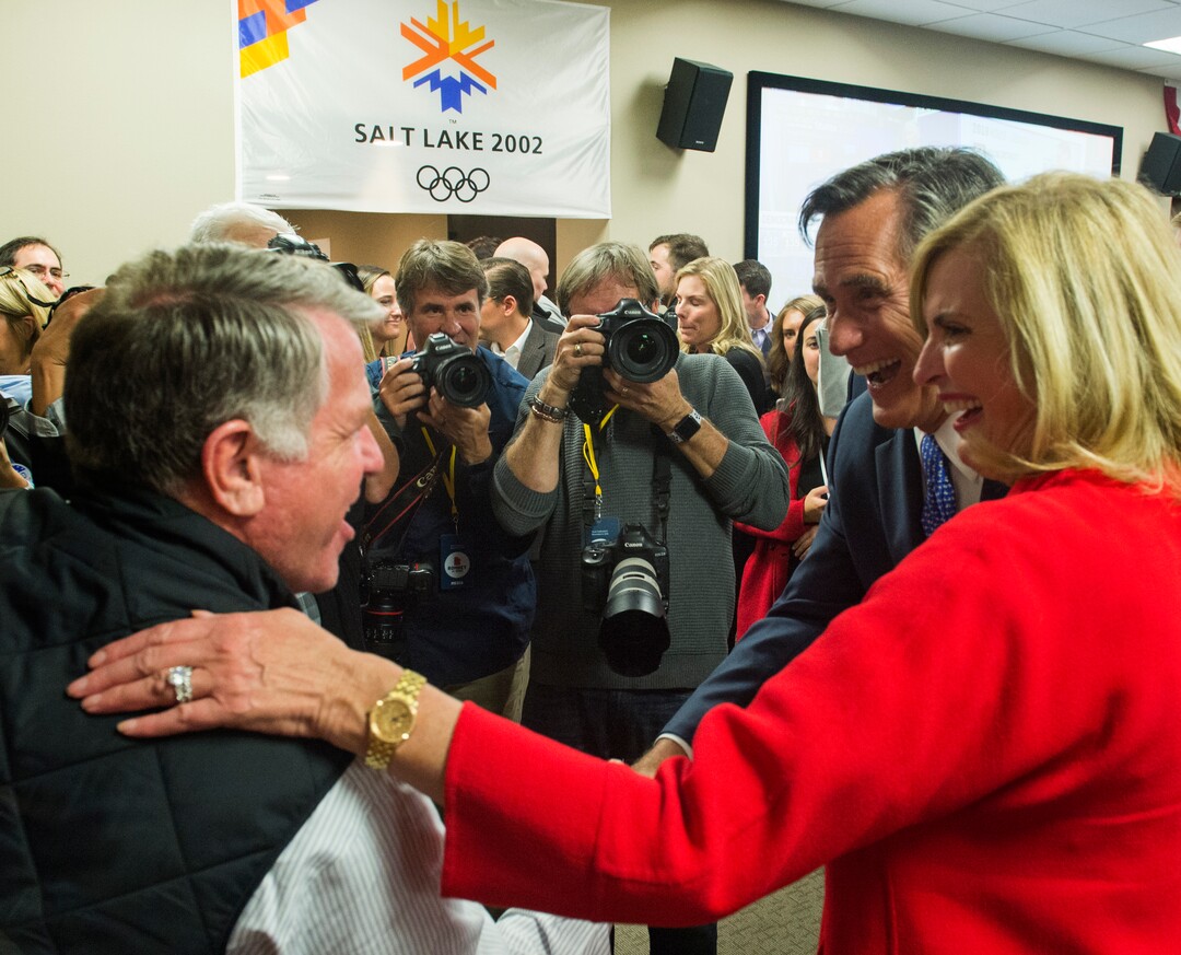 (Rick Egan  |  The Salt Lake Tribune)   Mitt and Ann Romney leaves the Romney headquarters after Mitt gave his victory speech, in Orem, on election night, Tuesday, Nov. 6, 2018.