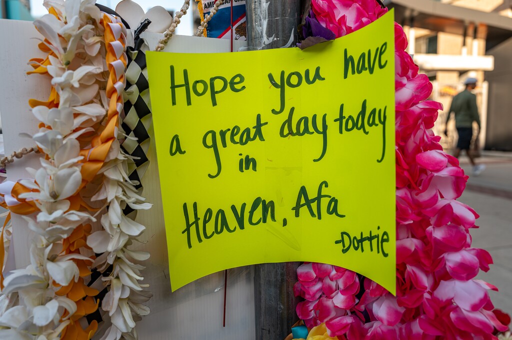 (Trent Nelson  |  The Salt Lake Tribune) A makeshift memorial for Arthur Folasa Ah Loo near the spot where he was killed during a 'No Kings' march on State Street in Salt Lake City on Wednesday, June 18, 2025.