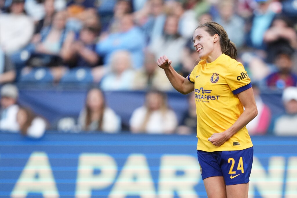 Utah Royals forward Cloé Lacasse celebrates her goal against the Seattle Reign FC during an NWSL soccer match on April 26, 2026, in Seattle. Lacasse also scored in the Royals' win over Angel City FC on Saturday in Los Angeles. (AP Photo/Lindsey Wasson)