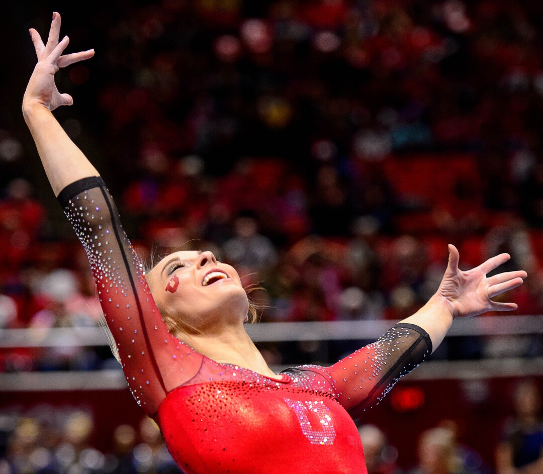 Trent Nelson  |  The Salt Lake TribuneMyKayla Skinner performs her floor routine as the University of Utah hosts Michigan, NCAA gymnastics at the Huntsman Center in Salt Lake City, Saturday January 7, 2017.