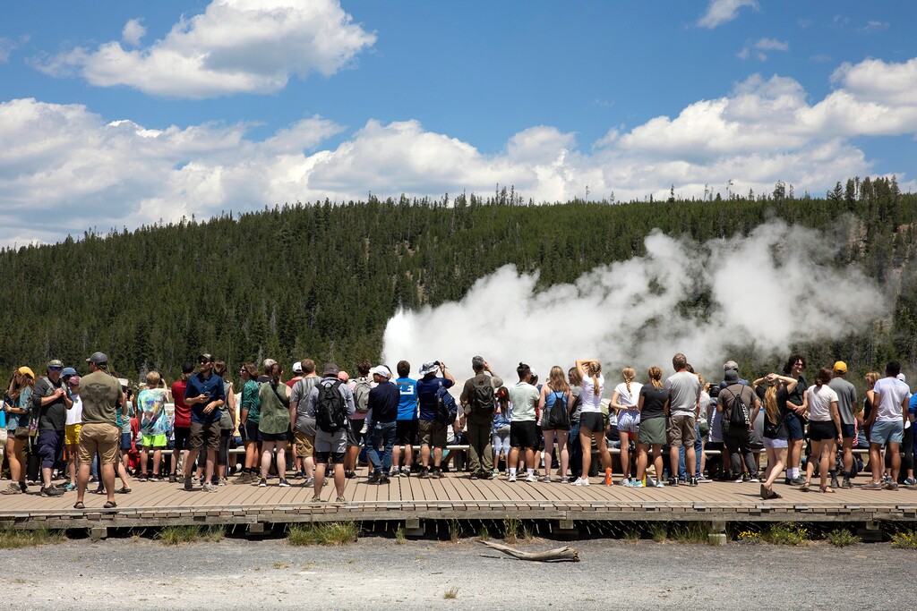(Janie Osborne | The New York Times) Visitors crowd a boardwalk to view Old Faithful geyser at Yellowstone National Park in Wyoming on July 6, 2021. The park had more than 920,000 recreational visits in August 2021, surpassing its busiest August on record in 2017, when crowds came out to watch the solar eclipse.