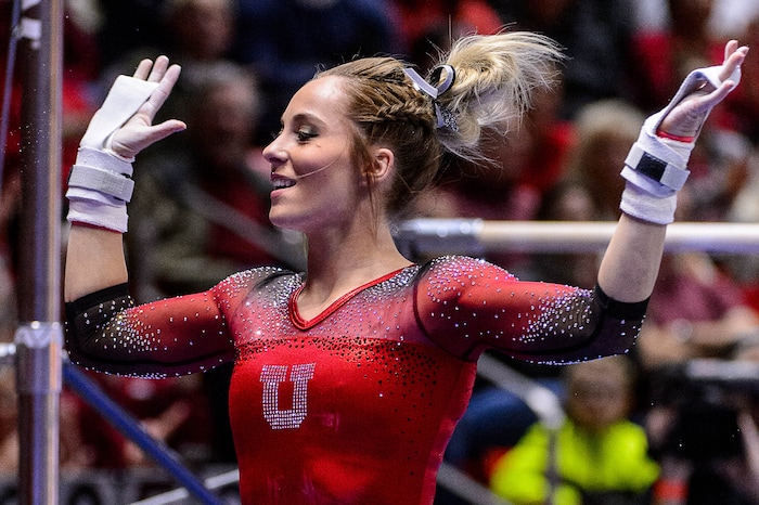 Trent Nelson  |  The Salt Lake Tribune
MyKayla Skinner on the bars as the University of Utah hosts Michigan, NCAA gymnastics at the Huntsman Center in Salt Lake City, Saturday January 7, 2017.
