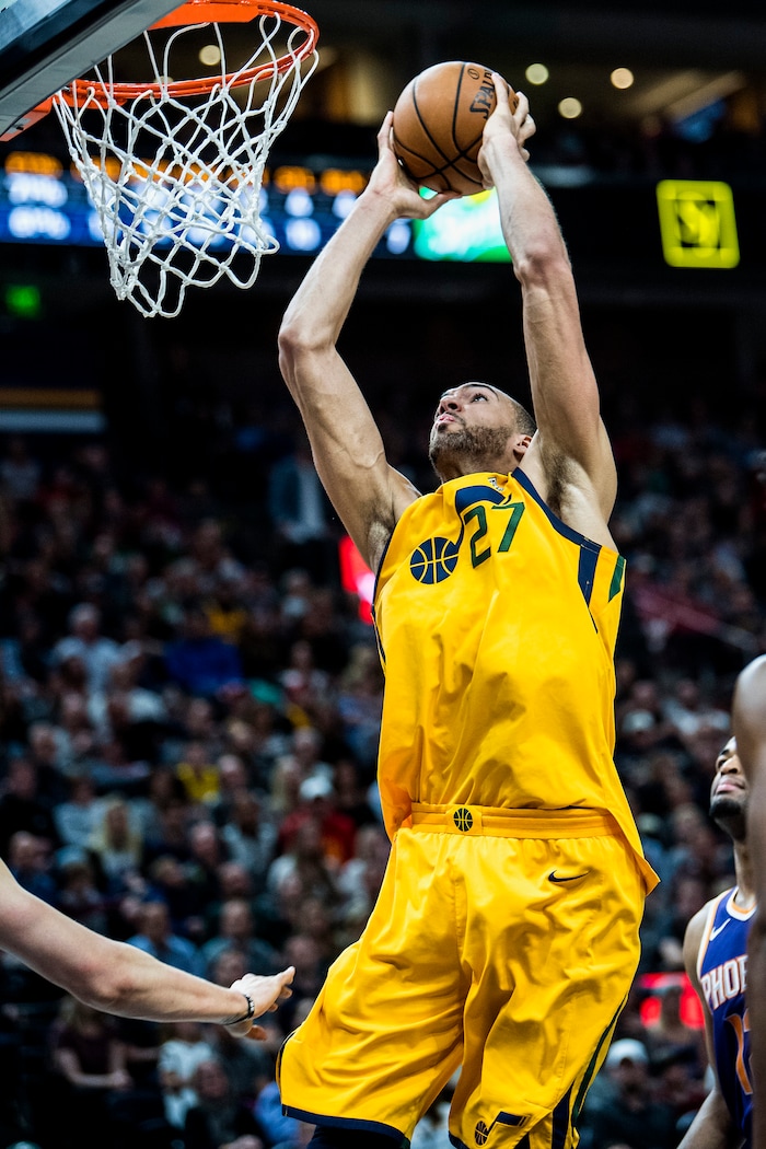 (Chris Detrick  |  The Salt Lake Tribune)  Utah Jazz center Rudy Gobert (27) dunks the ball during the game at Vivint Smart Home Arena Thursday, March 15, 2018. Utah Jazz defeated Phoenix Suns 116-88.