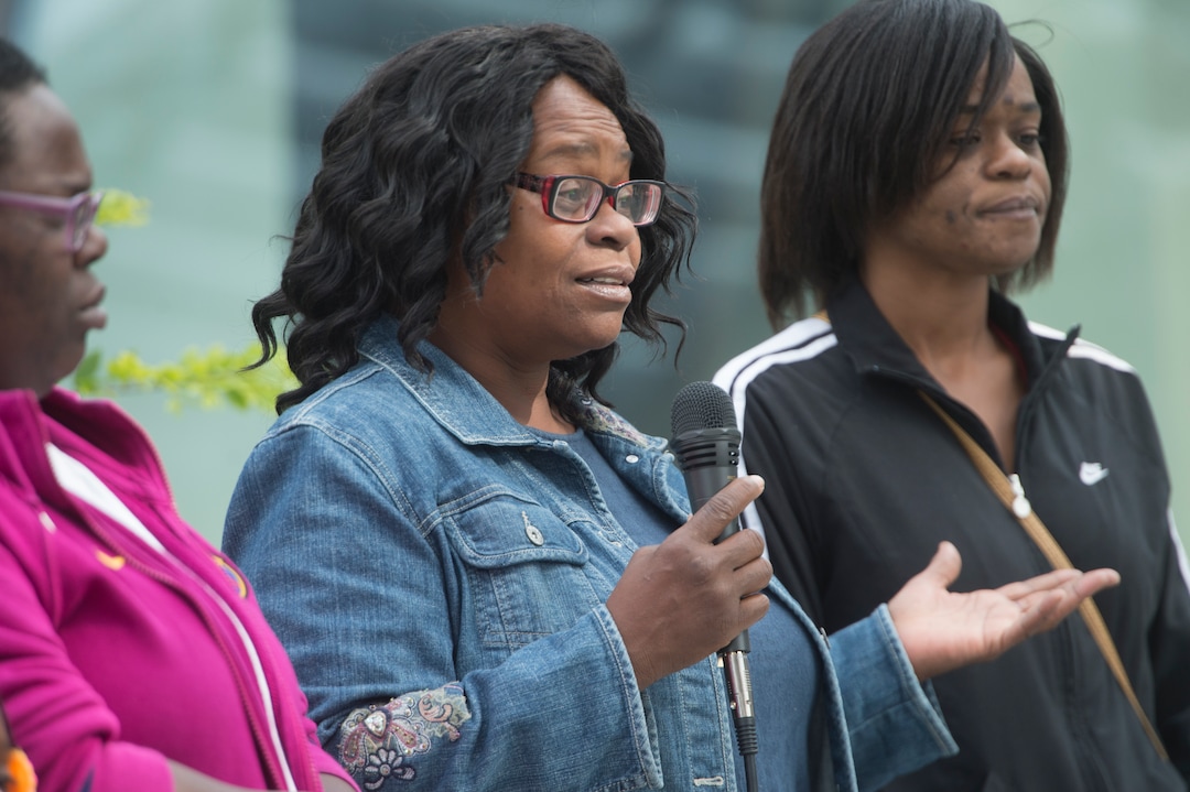 (Rick Egan  |  The Salt Lake Tribune)  Antonette Harmon, the sister of Patrick Harmon, talk about her brother, at the Black Lives Matterprotest against police brutality. The protesters are calling for the release of body camera footage of an officer fatally shooting 50-year-old Patrick Harmon at the Salt Lake City Public Safety Building, Saturday, September 30, 2017.