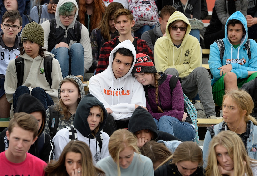 Scott Sommerdorf | The Salt Lake TribuneStudents at Brighton High observe a minute of silence for each sign held up for all of the 17 students and staff killed at Marjory Stoneman Douglas High School, during their walkout at Brighton High School, Wednesday, March 14, 2018.