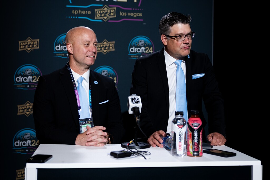 (Utah Mammoth) Darryl Plandowski (left) and Ryan Jankowski (right) speak to media at the 2024 NHL Draft.