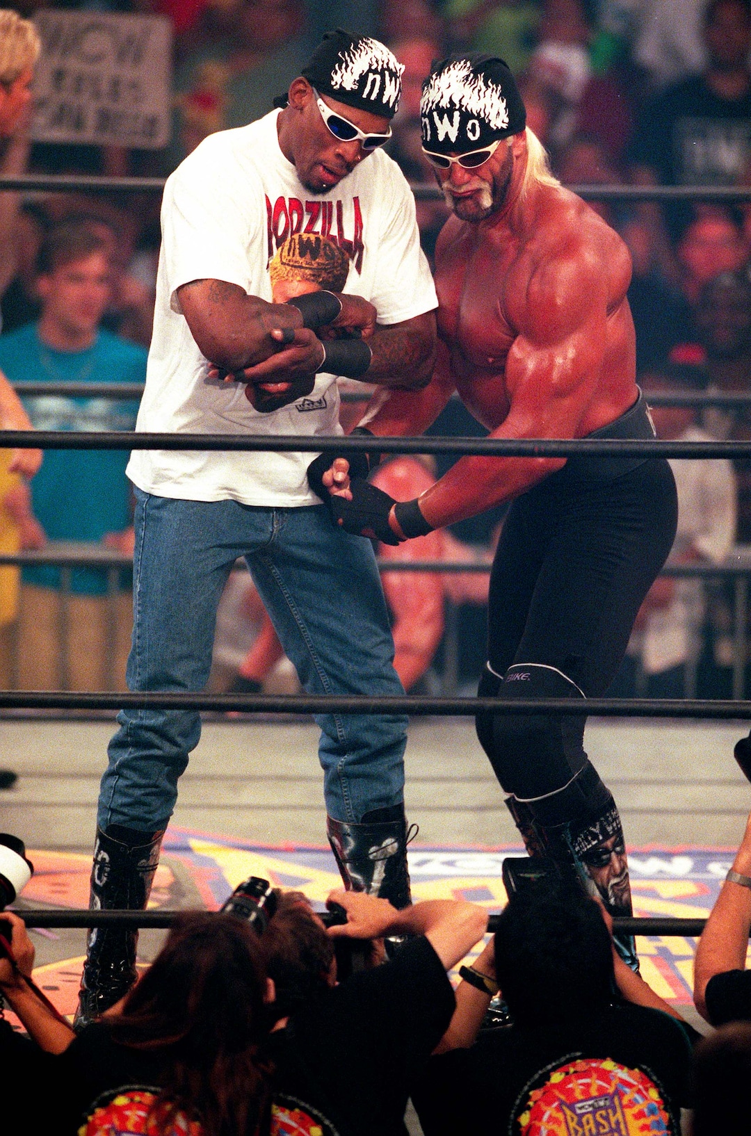 (Trent Nelson | The Salt Lake Tribune)  Dennis Rodman and Hollywood Hulk Hogan at WCW's Bash at the Beach in San Diego. July 12, 1998.