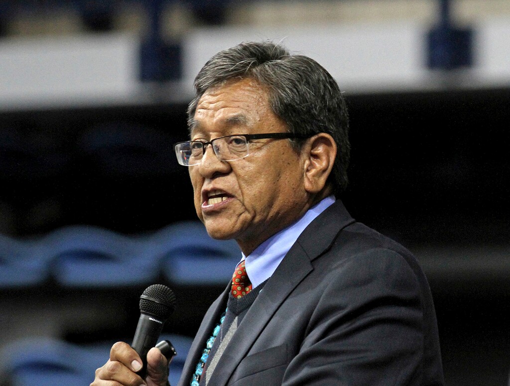 (Alexa Rogals | The Daily Times | The Associated Press) In this May 12, 2015, file photo, Navajo Nation President Russell Begaye gives his inaugural speech at Fighting Scouts Events Center in Fort Defiance, Ariz. Navajo voters have a record number of candidates to choose from in the Tuesday, Aug. 28, 2018 presidential primary election. The race has drawn 18 candidates with the top two vote-getters moving on to the November general election.