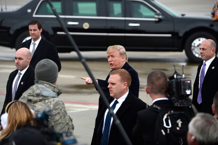 (Scott Sommerdorf   |  The Salt Lake Tribune)   President Trump visits with a crowd of admirers after he arrived in Salt Lake City, Monday, December 4, 2017.  