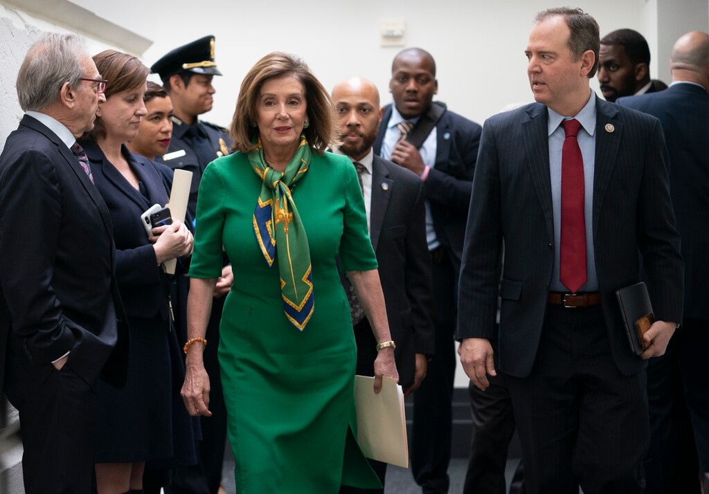 (J. Scott Applewhite | AP) Speaker of the House Nancy Pelosi joined by House Intelligence Committee Chairman Adam Schiff, right, leaves a lengthy closed-door meeting with the Democratic Caucus at the Capitol in Washington, Tuesday, Jan. 14, 2020.