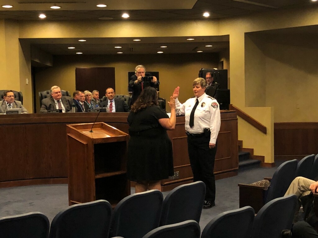 (Courtesy West Valley City Police Department) Colleen Jacobs raises her right hand as she is ratified as the city's new police chief Tuesday, Feb. 20, 2018. Jacobs, who has spent her entire 21-year career at the department, is also Utah's only female police chief.