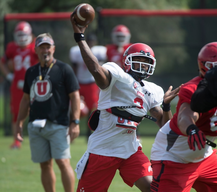 (Rick Egan  |  The Salt Lake Tribune)

Utah quarterback Troy Williams throws a pass during practice, Monday, August 7, 2017.


