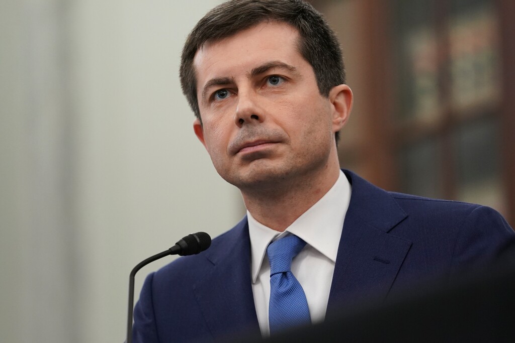 (Stefani Reynolds | File pool photo via AP) Transportation Secretary nominee Pete Buttigieg speaks during a Senate Commerce, Science and Transportation Committee confirmation hearing on Jan. 21, 2021.