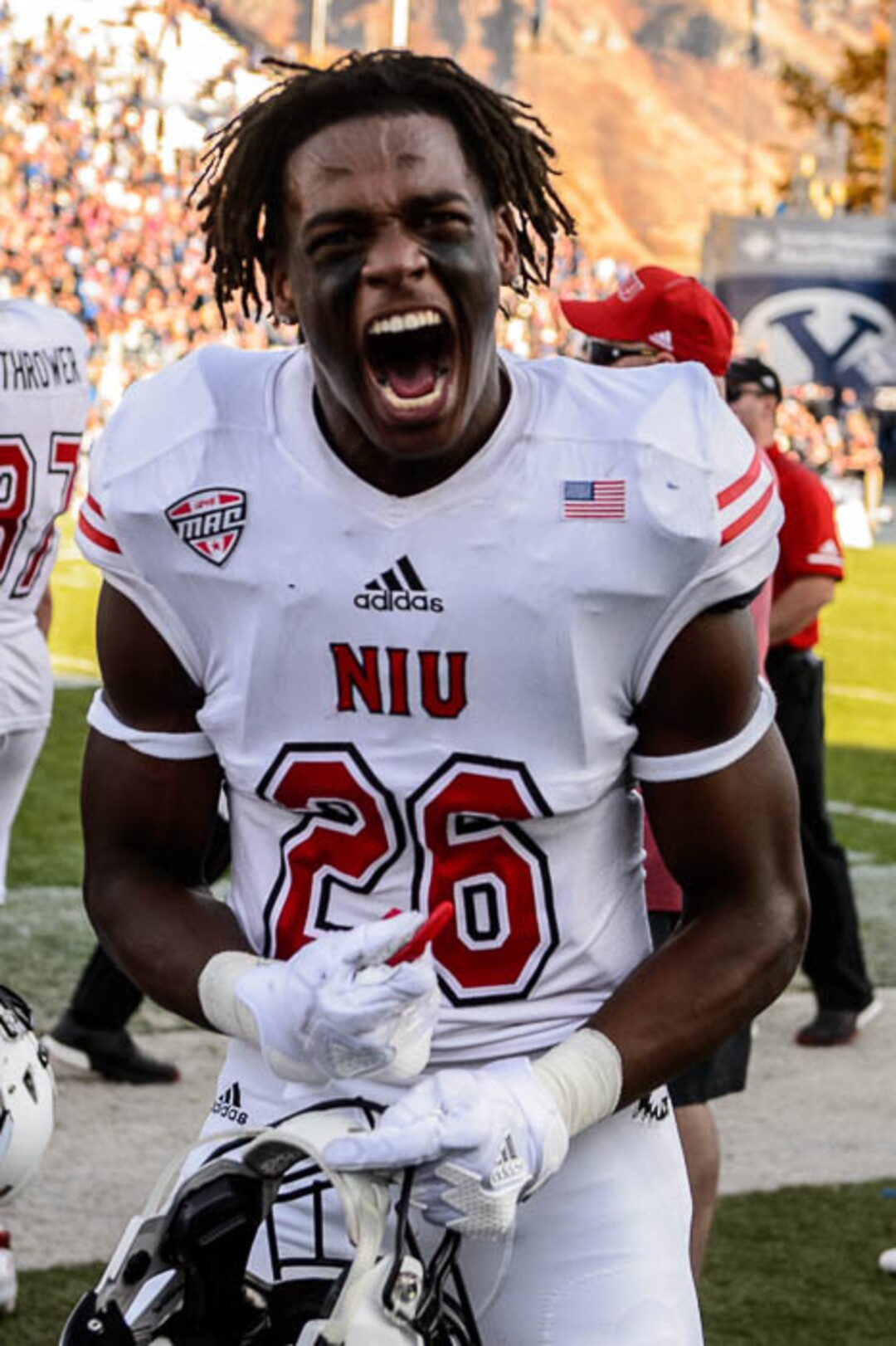 (Trent Nelson | The Salt Lake Tribune)  Northern Illinois Huskies cornerback Antwain Walker (26) celebrates after a fourth quarter interception as BYU hosts Northern Illinois, NCAA football in Provo, Saturday Oct. 27, 2018.