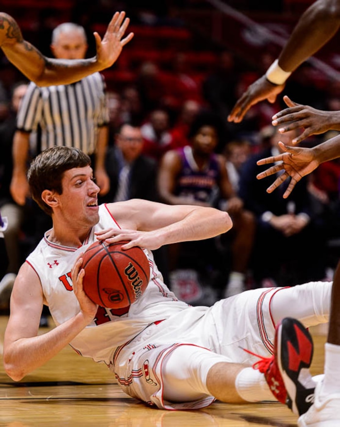 (Trent Nelson | The Salt Lake Tribune)  Utah Utes forward Jakub Jokl (43) with the ball as the University of Utah hosts Northwestern State, NCAA basketball in Salt Lake City, Wednesday December 20, 2017.