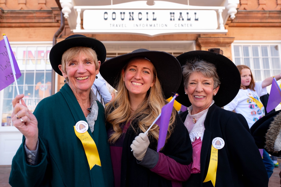 (Trent Nelson  |  The Salt Lake Tribune) Bette Hubrich, Kate Hubrich, and Marlue Perkins at a remembrance walk organized by Better Days 2020 in Salt Lake City on on Friday, Feb. 14, 2020 marks the 150th anniversary of Seraph Young casting her historical vote in Utah.