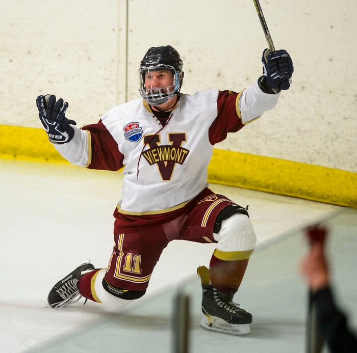 (Steve Griffin  |  The Salt Lake Tribune) Viewmont's  Mac Tanner celebrates a goal during the Division 1 ice hockey state title game against Murray at the Salt Lake City Sports Complex in Salt Lake City Tuesday Feb. 20, 2018.