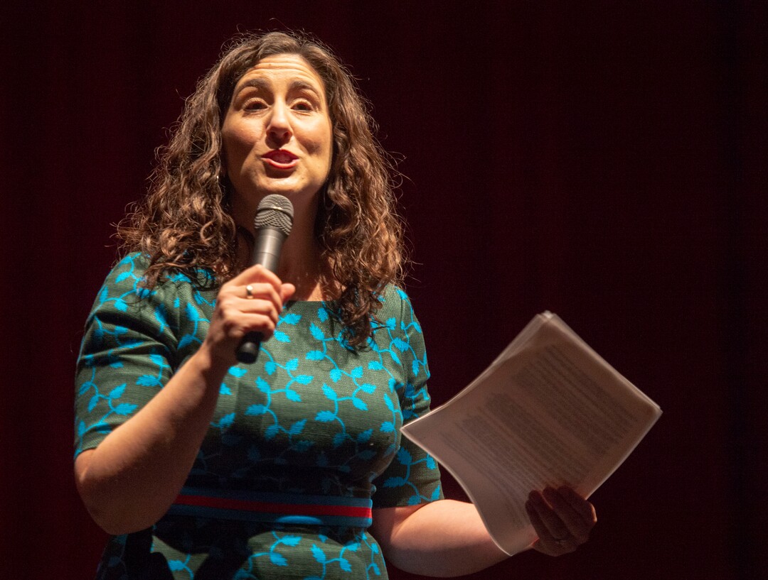 (Rick Egan  |  The Salt Lake Tribune)     Shireen Ghorbani speaks to the Salt Lake County Democratic Party's Central Committee members, as one of 10 candidates vying the at-large Country Council seats left vacant by now-Salt Lake County Mayor Jenny Wilson, at Eisenhower Jr High, Saturday, Feb. 23, 2019.
