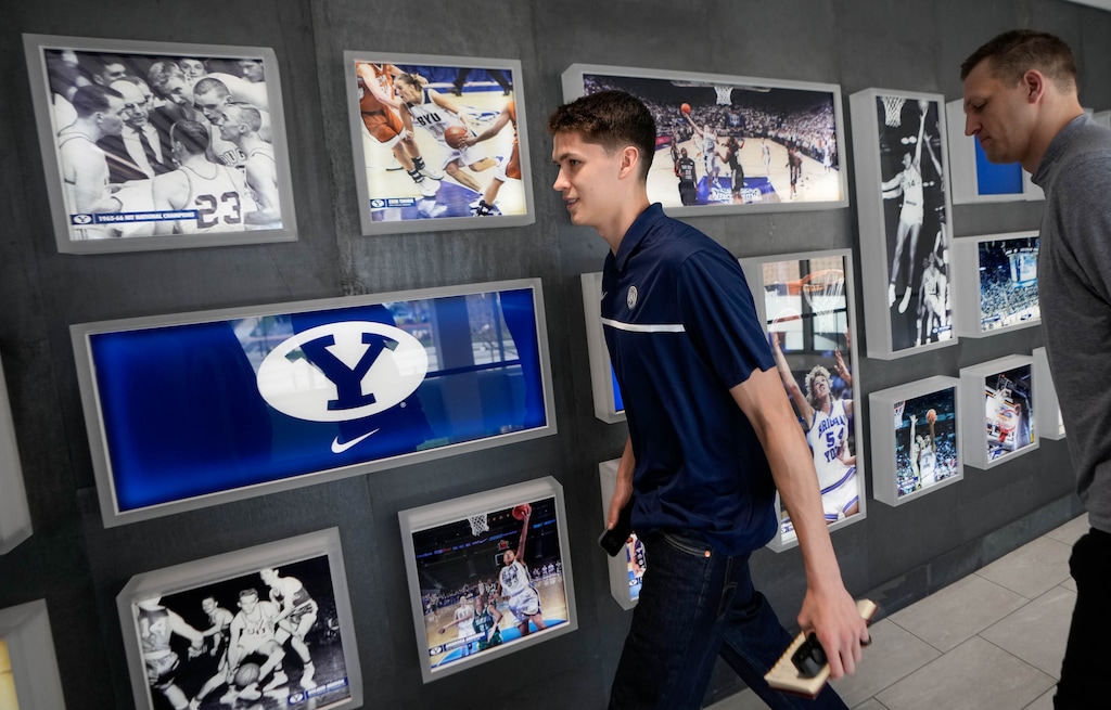 (Francisco Kjolseth | The Salt Lake Tribune) BYU basketball player Egor Demin arrives for the announcement of his plans to enter the NBA Draft, where he would likely be a first-round pick in June, during a news event in Provo on Tuesday, April 8, 2025.