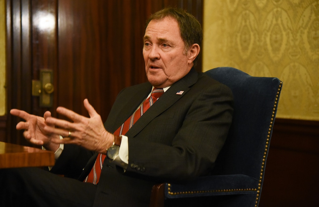 (Francisco Kjolseth  |  The Salt Lake Tribune)  Gov. Gary Herbert speaks with Salt Lake Tribune reporters on the final day of the legislative session on Thursday, March 14, 2019. 