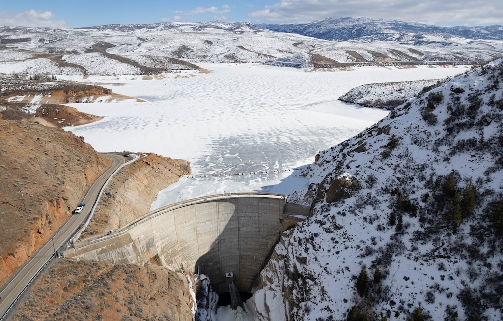 (Francisco Kjolseth | The Salt Lake Tribune) East Canyon Reservoir, pictured on Thursday, Feb. 17, 2022, is part of the Weber Basin water system, which has one of the largest secondary water systems in the nation. The reservoir is currently at 50% capacity, according to the Department of Natural Resources.