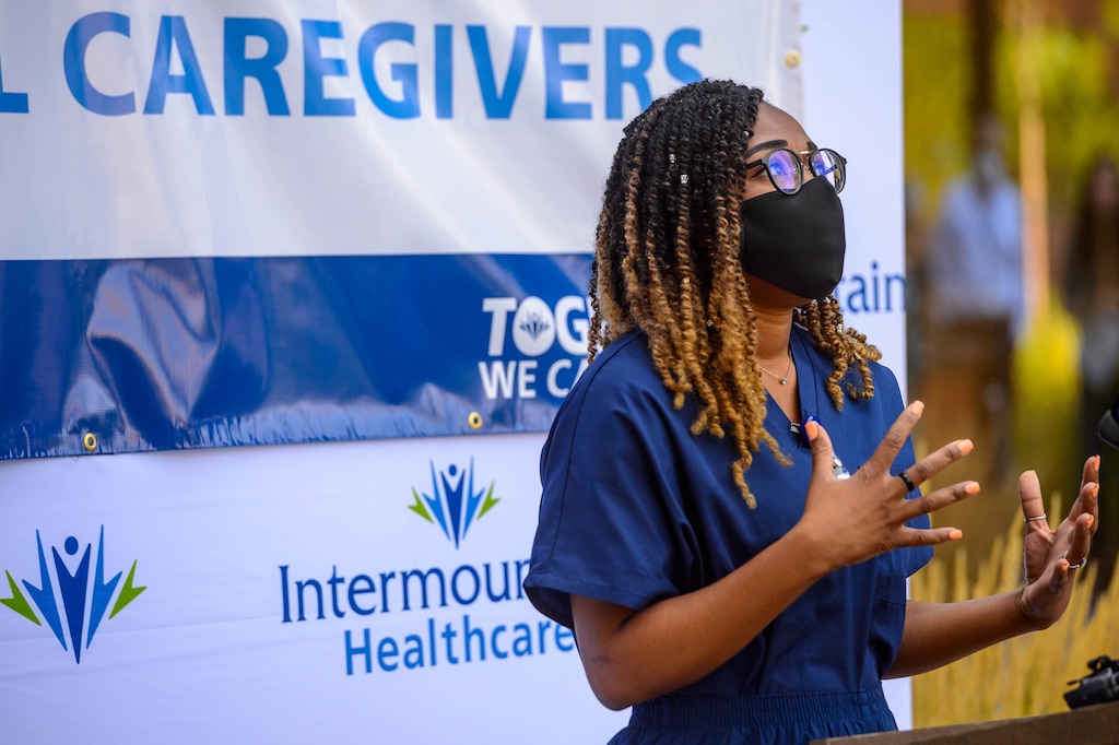 (Trent Nelson  |  The Salt Lake Tribune) Annice Sterling, one of a group of ICU nurses from Northwell Health who will support ICU teams at Intermountain Healthcare in Utah, expresses her thanks at a news conference in Murray on Tuesday, Aug. 4, 2020. Last April, Intermountain deployed two COVID-19 Response Teams totaling 100 caregivers to assist New York City-area hospitals during that state’s major surge of COVID-19 cases. Those hospitals planned to return the favor when their surge subsided, which it now has.