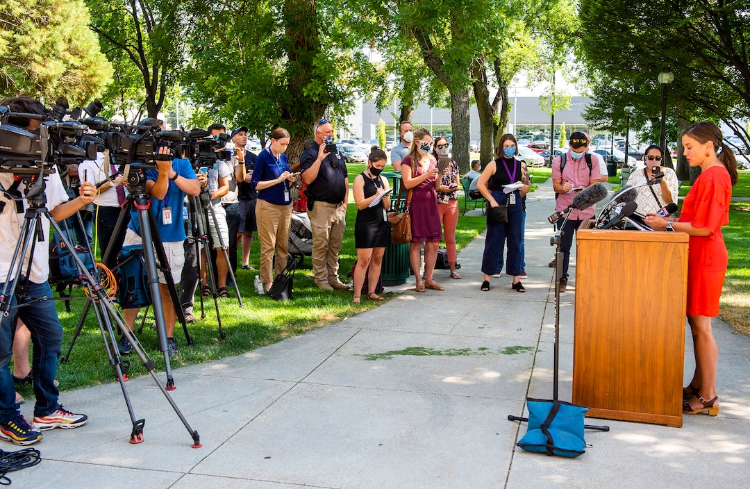 (Rick Egan  |  The Salt Lake Tribune)     Salt Lake City Mayor Erin Mendenhall announces updates to SLCPD policies, during news conference at City Hall, Monday, Aug. 3, 2020.