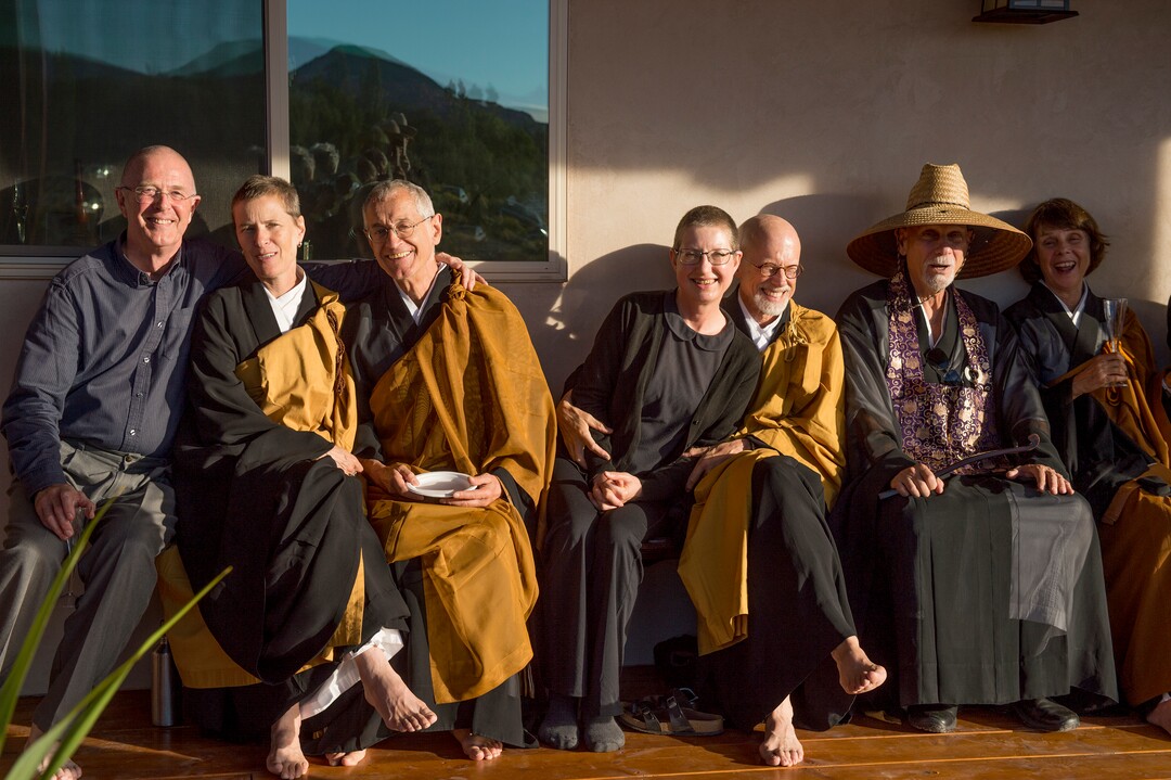 (Leah Hogsten  |  The Salt Lake Tribune) l-r Tenkei Coppens Roshi, Diane Musho Hamilton Sensei, Michel Genko Dubois, Tammy Myoho Gabrysch Sensei, Michael Mugaku Zimmerman Sensei, Genpo Merzel Roshi and Catherine Genno Pages Roshi after the dedication and eye opening ceremony at Torrey Zendo Meditation Center, Sept. 13, 2017, in Torrey. The Torrey Zendo, founded by Diane Musho Hamilton Sensei and Michael Mugaku Zimmerman Sensei, located near Capitol Reef National Park, had been seasonal but is now a year-round facility for study, practice and retreats.