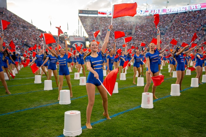 (Trent Nelson | The Salt Lake Tribune) Dancers perform at Stadium of Fire in Provo on Saturday, July 2, 2022.