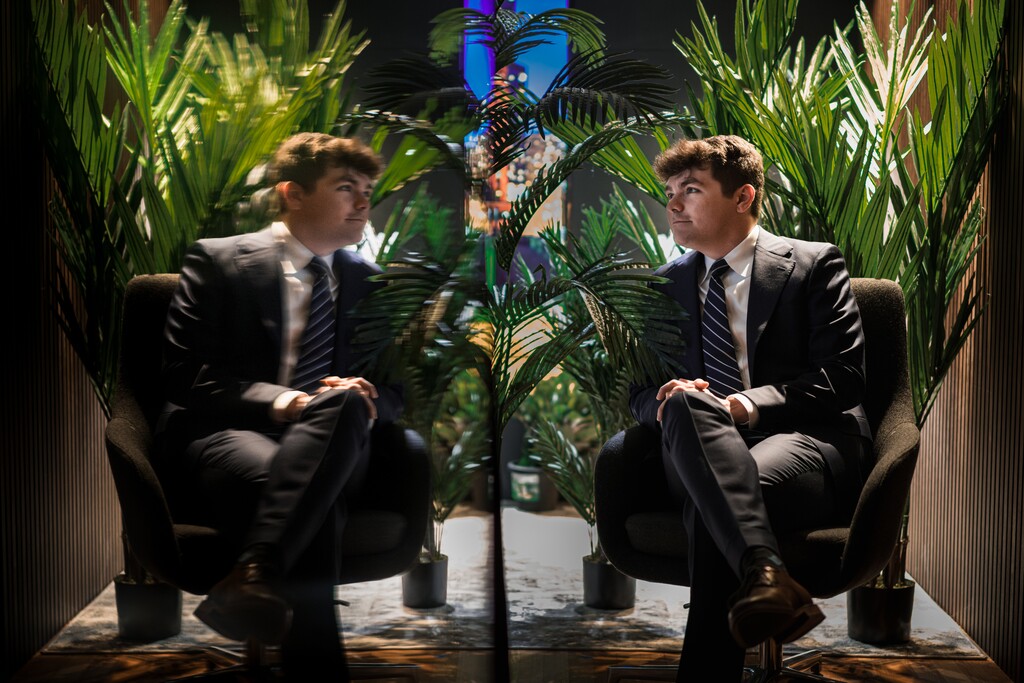 Nicholas Fuentes, the notorious white nationalist social media personality, in his streaming studio on Sept. 8, 2025.  (Jamie Kelter Davis/The New York Times)