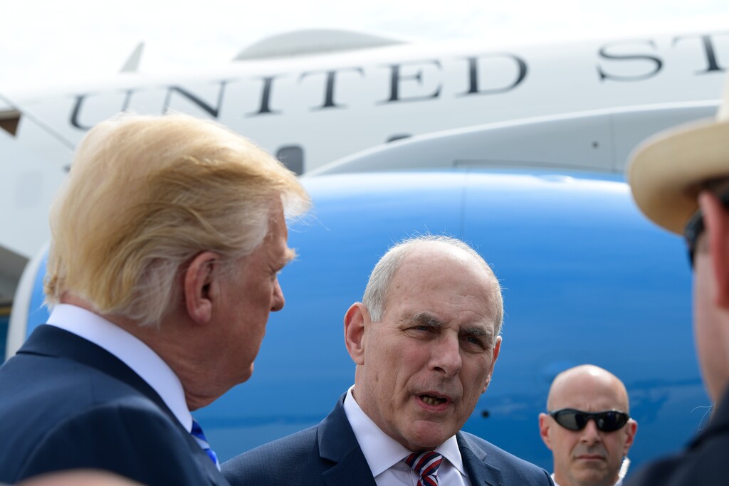 President Donald Trump and White House Chief of Staff John Kelly talk to the media before boarding Air Force One at Andrews Air Force Base in Md., Friday, May 4, 2018. Trump is traveling to Dallas where he will address the NRA convention. (AP Photo/Susan Walsh)