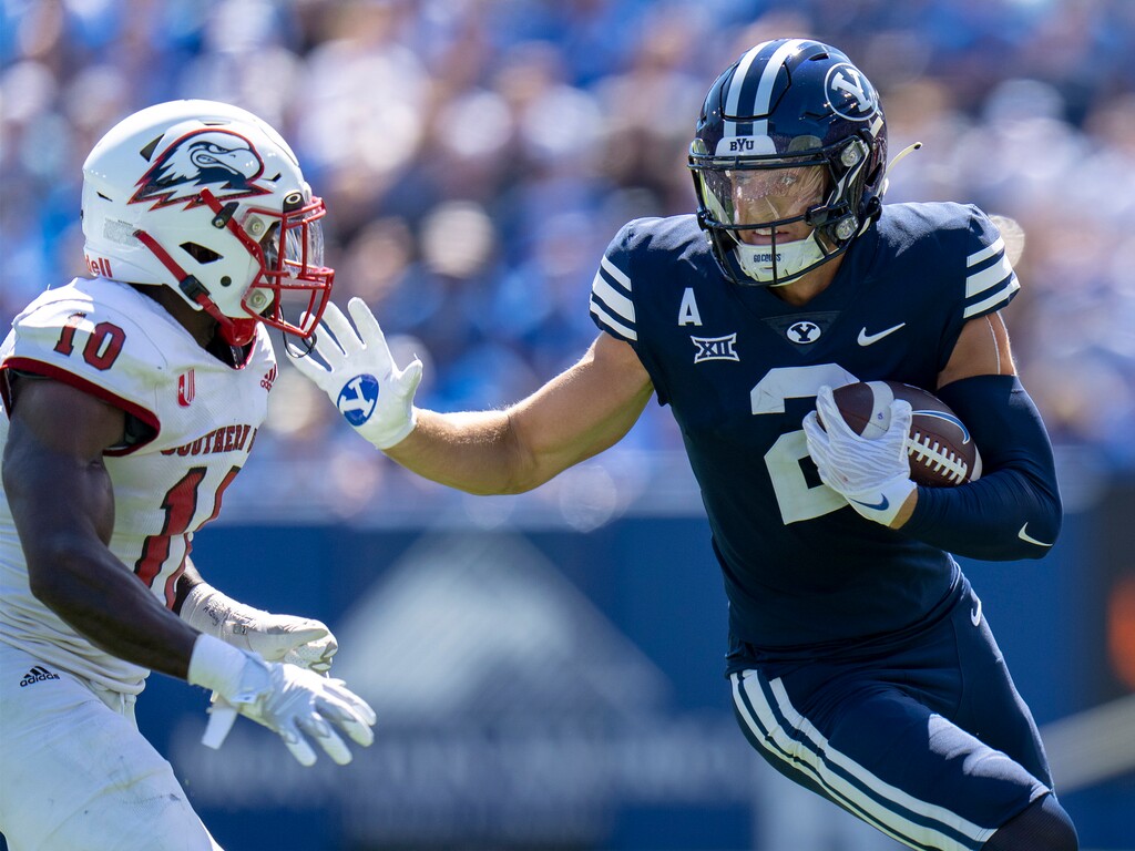 (Rick Egan | The Salt Lake Tribune) Brigham Young wide receiver Chase Roberts (2) tries to get by Southern Utah Thunderbirds cornerback Jordan Washington (10), in football a between the Southern Utah Thunderbirds and the Brigham Young Cougars, at LaVell Edwards Stadium, on Saturday, Sept. 9, 2023.