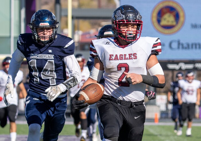 (Rick Egan | The Salt Lake Tribune) Layton Christian Academy running back  Jessaia Giatras-Moala runs for an 83-yard touchdown for the Eagles, in 1A Football Championship action between the Duchesne Eagles and the Layton Christian Academy Eagles, at the Elizabeth Dee Shaw Stewart Stadium in Ogden, on Saturday, Nov. 13, 2021.
