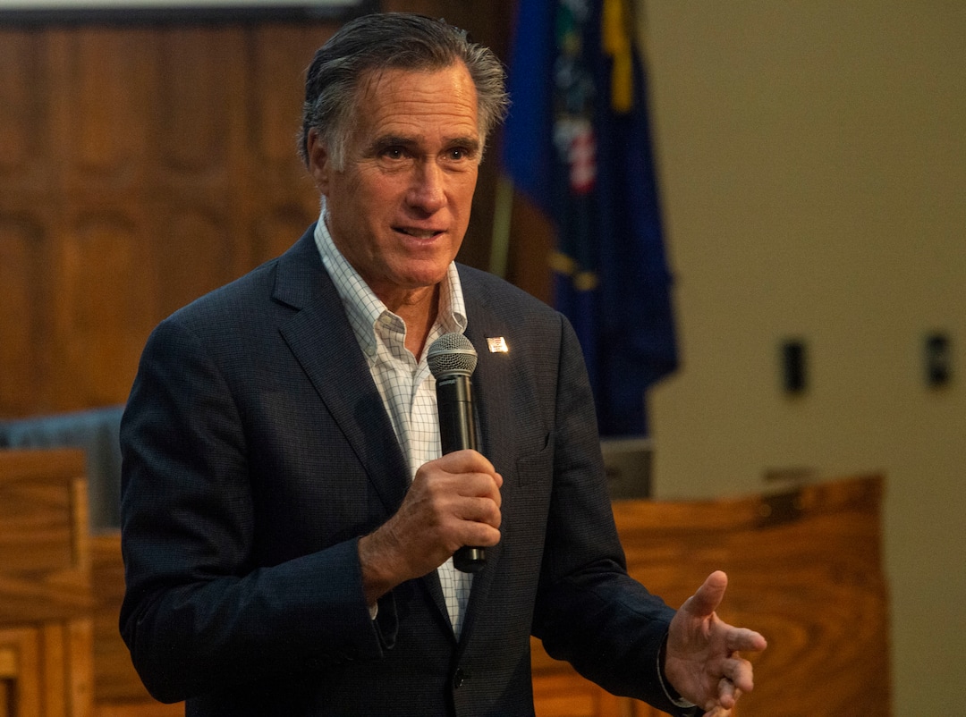 (Rick Egan  |  The Salt Lake Tribune)       Mitt Romney speaks during a town hall meeting at the Provo City Hall Council Chambers, Friday, June 21, 2019.