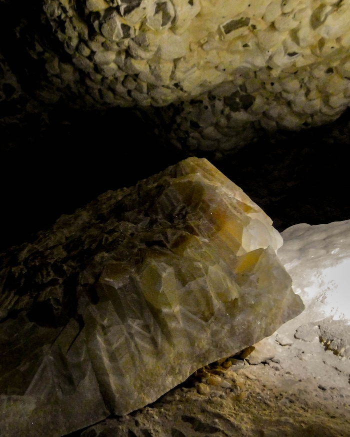 Erin Alberty  |  The Salt Lake TribuneA crystal gleams in the glow of a flashlight in Crystal Ball Cave in Gandy, Utah.