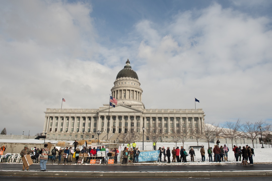 (Rachel Molenda  |  The Salt Lake Tribune)  Protesters gathered on Monday, December 4, 2017. to protest President Donald Trump's plan to shrink Bears Ears and Grand Staircase-Escalante national monuments.
