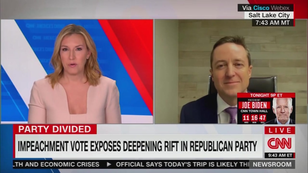 (Screengrab | Grabien) Utah GOP Chairman Derek Brown speaks with CNN's Poppy Harlow on Feb. 16, 2021. Brown discusses the effort to censure Sen. Mitt Romney for voting to convict former President Trump in his second impeachment trial.