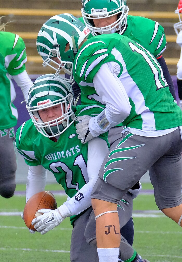 (Leah Hogsten  |  The Salt Lake Tribune) South Summit's Cole Reidhead and his teammates celebrate his touchdown.  South Summit High School boys' football team leads Grand County High School 34-3 during their class 2A state semifinal football game Saturday, November 4, 2017 at Weber State University's Stewart Stadium.