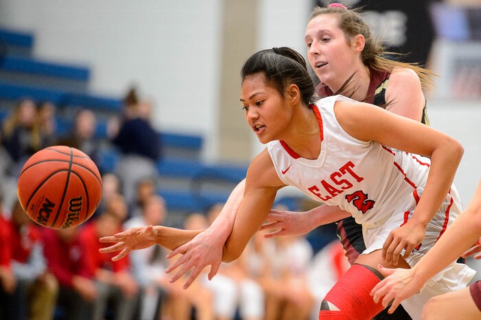 (Trent Nelson | The Salt Lake Tribune)  East's Margarita Satini (2) is fouled by Viewmont's Mercedes Staples (12) as East faces Viewmont in the 5A High School Girls' Basketball Tournament at SLCC in Taylorsville, Wednesday Feb. 21, 2018.