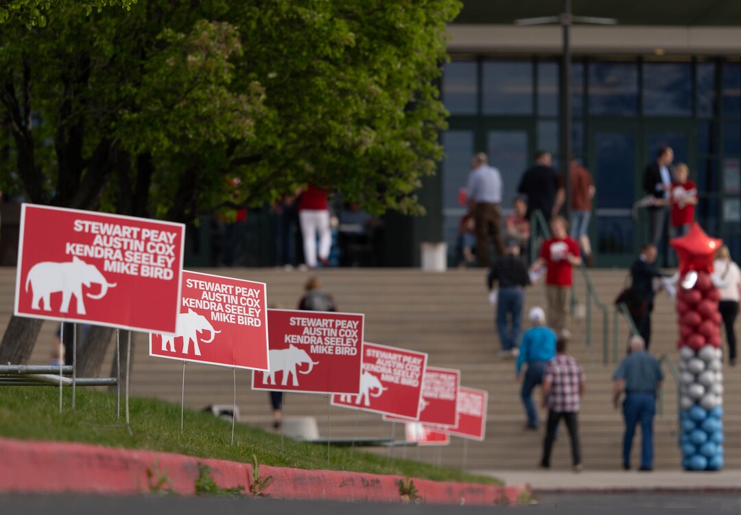 (Francisco Kjolseth | The Salt Lake Tribune) Delegates attend the Utah Republican Party’s 2021 Organizing Convention at the Maverik Center in West Valley City on Saturday, May 1, 2021, as they return to an in-person format after the pandemic forced the nominating convention to go online last year.