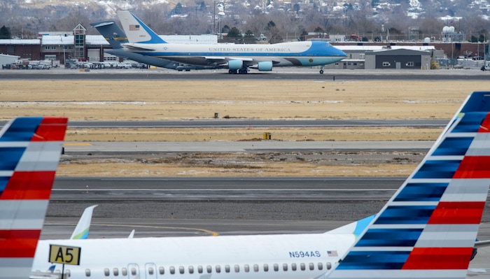 (Steve Griffin  |  The Salt Lake Tribune) Air Force One prepares to leave Salt Lake City International Airport after President Donald Trump's visit to Salt Lake City on Monday, Dec. 4, 2017.