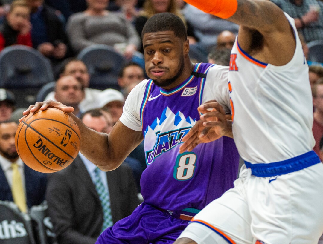 (Rick Egan  |  The Salt Lake Tribune)  Utah Jazz guard Emmanuel Mudiay (8) tries to work the ball inside, in NBA action between the Utah Jazz and the New York Knicks, in Salt Lake City, Wednesday, Jan. 8, 2020.