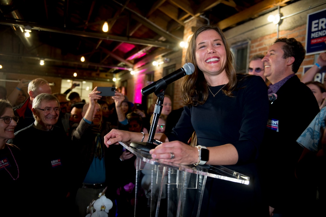 (Jeremy Harmon  |  The Salt Lake Tribune) Salt Lake City mayoral candidate Erin Mendenhall speaks to supporters after taking a lead over her opponent, Luz Escamilla, on election night Tuesday, Nov. 5, 2019.